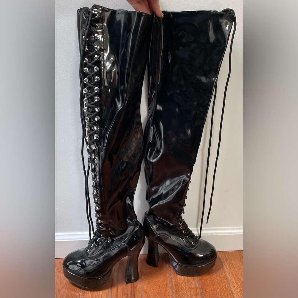 Faux Patent Leather Over The Knee Zip Lace Up Heel Boot - Size 8.5